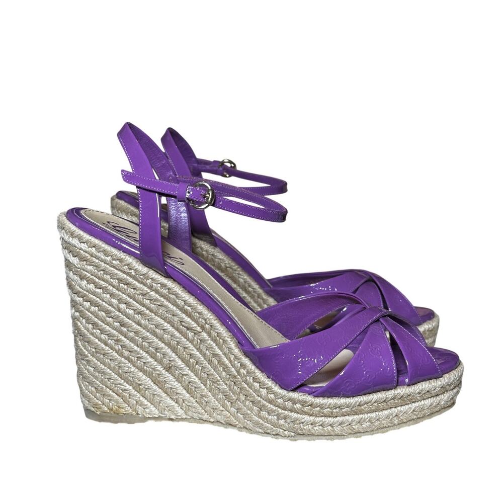 Gucci Guccissima Purple Patent Platform Wedge Heel Sandals Size 37